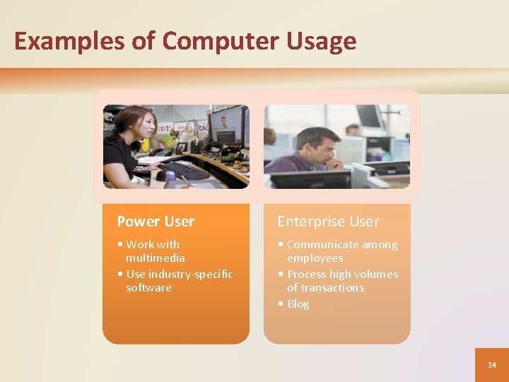 Examples of Computer Usage Power User Enterprise User • Work with multimedia • Use Examples of Computer Usage Power User Enterprise User • Work with multimedia • Use
