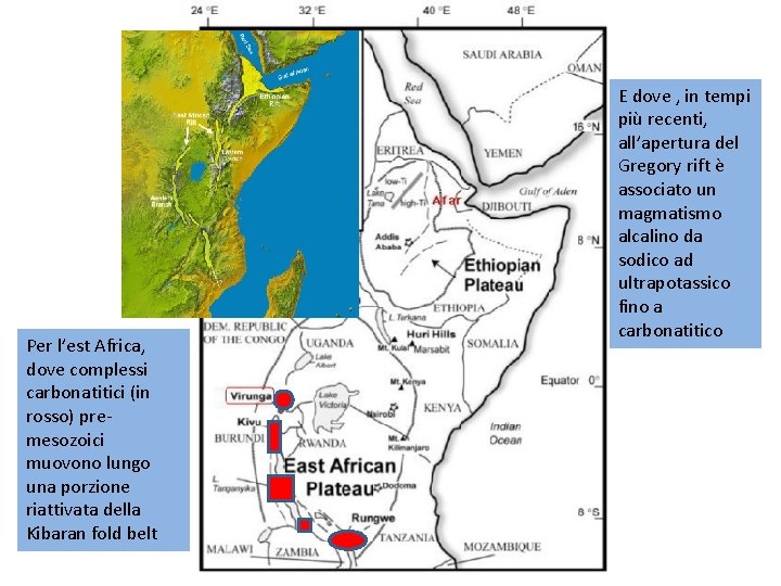 Per l’est Africa, dove complessi carbonatitici (in rosso) premesozoici muovono lungo una porzione riattivata
