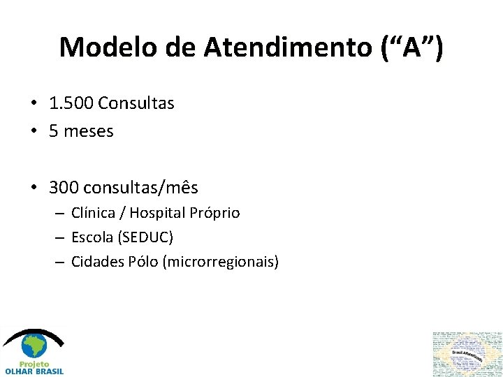 Modelo de Atendimento (“A”) • 1. 500 Consultas • 5 meses • 300 consultas/mês