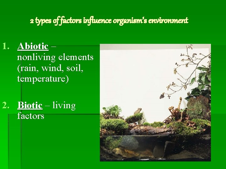 2 types of factors influence organism’s environment 1. Abiotic – nonliving elements (rain, wind,
