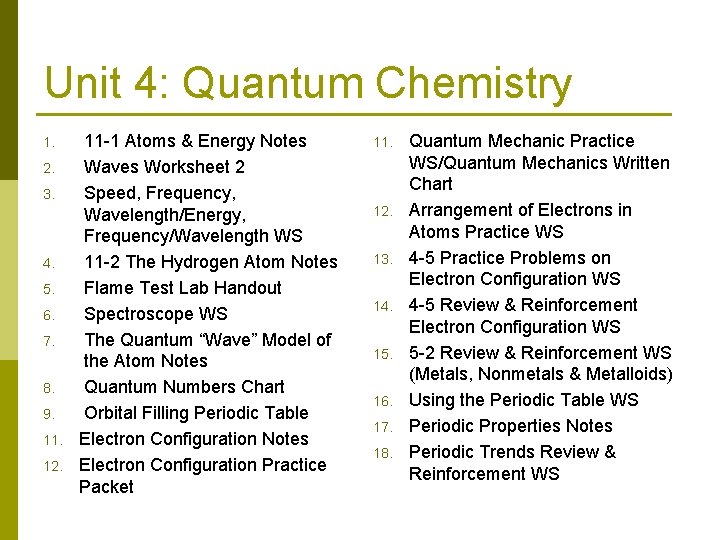 Unit 4: Quantum Chemistry 1. 2. 3. 4. 5. 6. 7. 8. 9. 11.