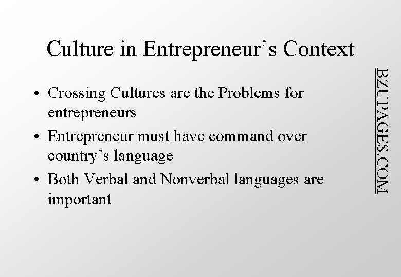 Culture in Entrepreneur’s Context BZUPAGES. COM • Crossing Cultures are the Problems for entrepreneurs