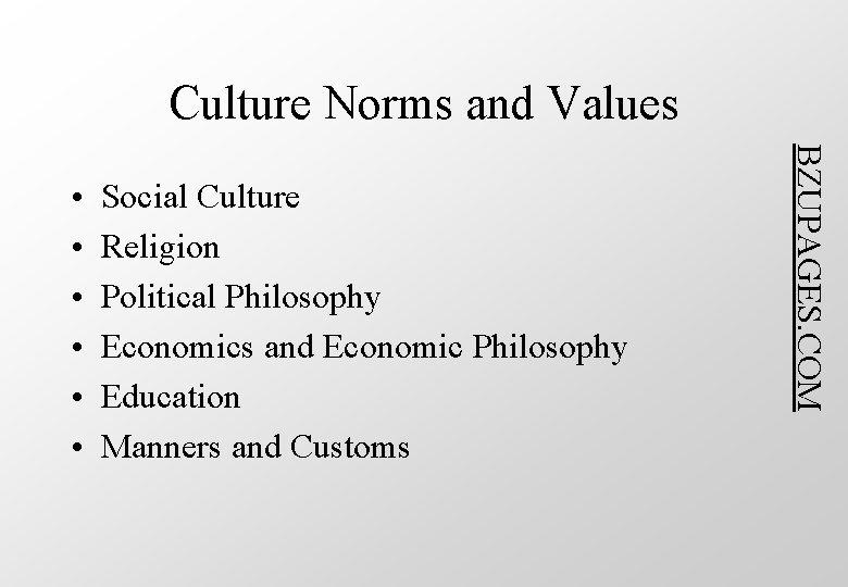 Culture Norms and Values Social Culture Religion Political Philosophy Economics and Economic Philosophy Education