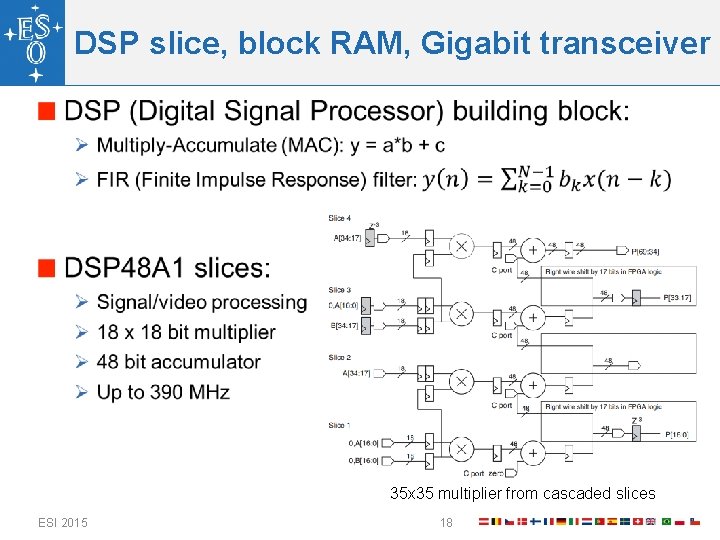 DSP slice, block RAM, Gigabit transceiver 35 x 35 multiplier from cascaded slices ESI