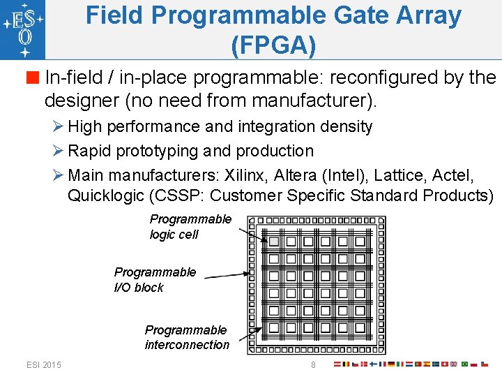 Field Programmable Gate Array (FPGA) In-field / in-place programmable: reconfigured by the designer (no