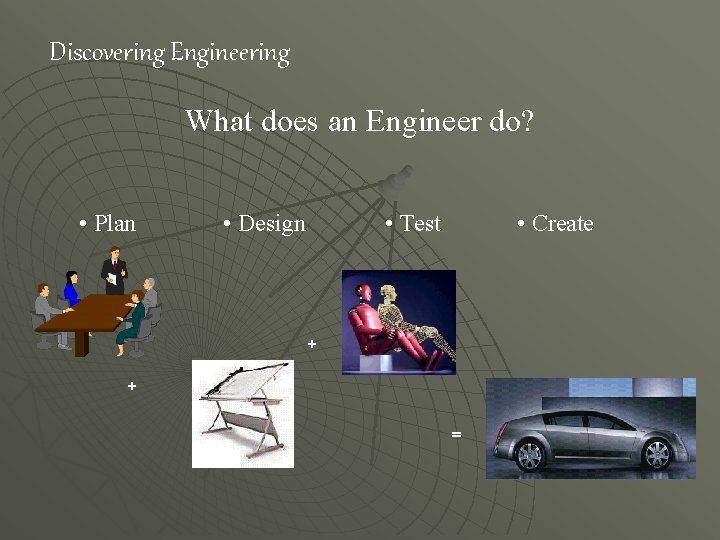 Discovering Engineering What does an Engineer do? • Plan • Design • Test •