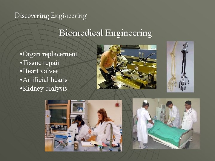 Discovering Engineering Biomedical Engineering • Organ replacement • Tissue repair • Heart valves •