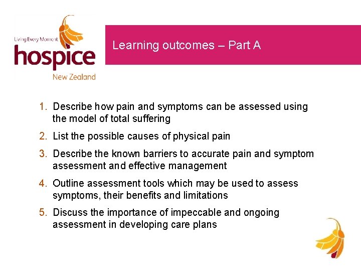 Learning outcomes – Part A 1. Describe how pain and symptoms can be assessed