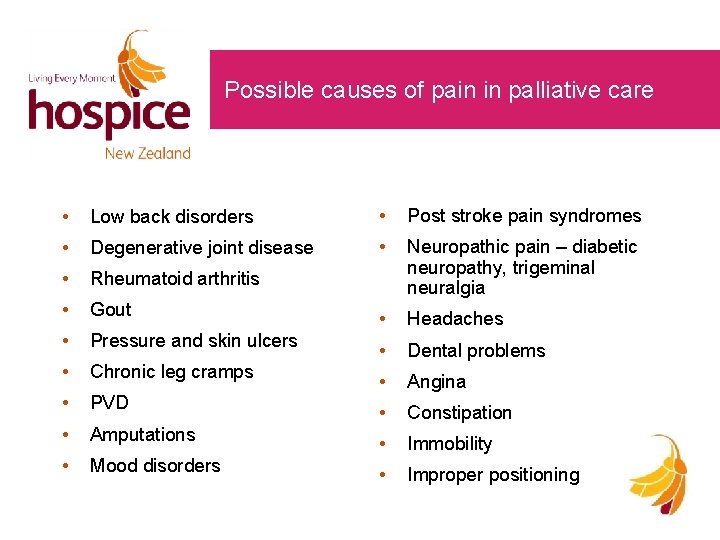 Possible causes of pain in palliative care • Low back disorders • Post stroke