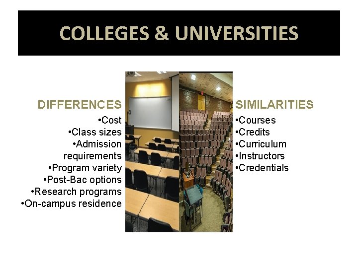 COLLEGES & UNIVERSITIES DIFFERENCES • Cost • Class sizes • Admission requirements • Program