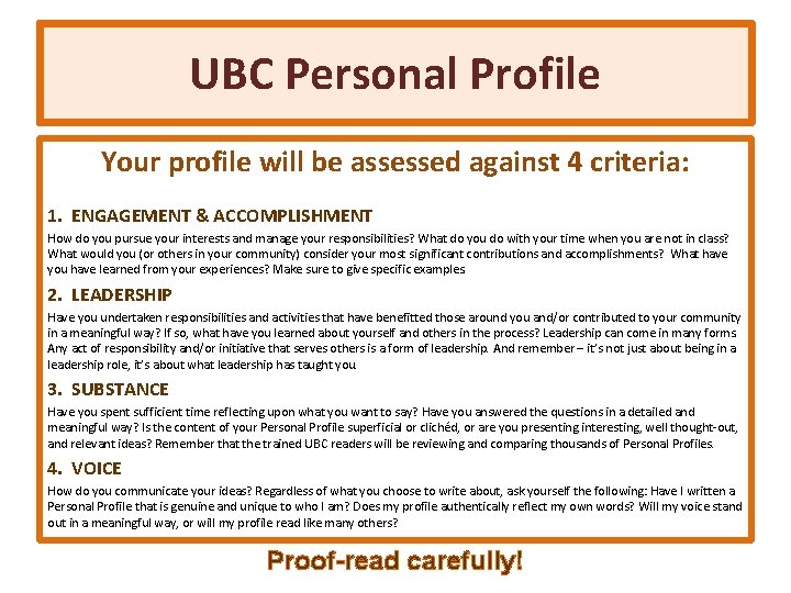 UBC Personal Profile Your profile will be assessed against 4 criteria: 1. ENGAGEMENT &