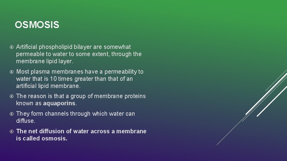 OSMOSIS Artificial phospholipid bilayer are somewhat permeable to water to some extent, through the
