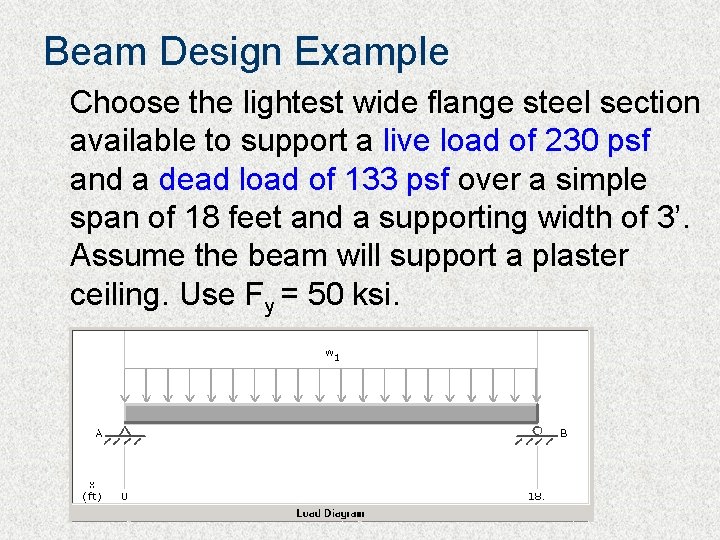 Beam Design Example Choose the lightest wide flange steel section available to support a