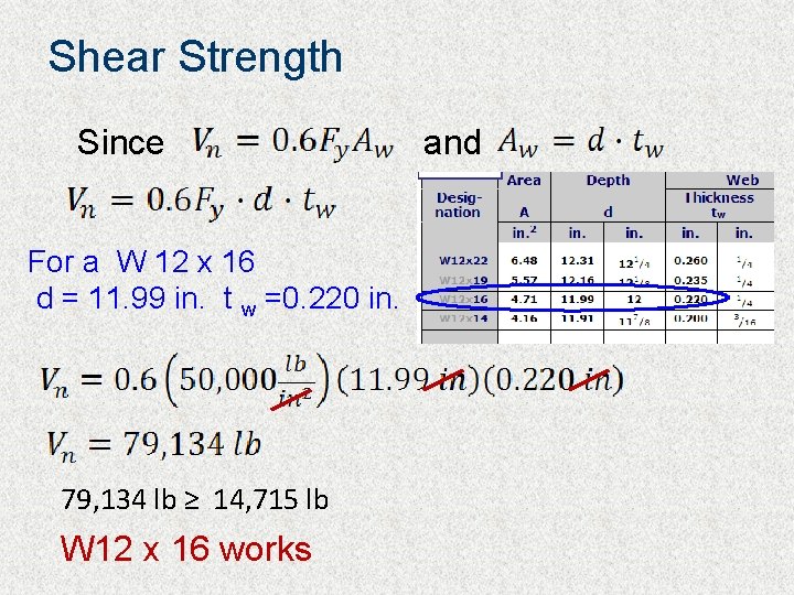 Shear Strength Since For a W 12 x 16 d = 11. 99 in.