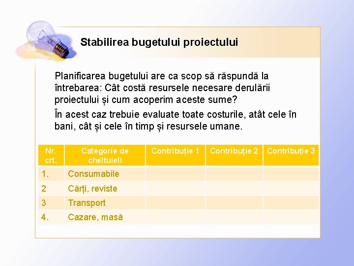 Stabilirea bugetului proiectului Planificarea bugetului are ca scop să răspundă la întrebarea: Cât costă