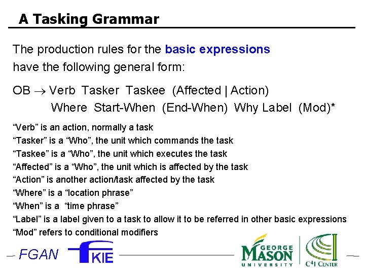 A Tasking Grammar The production rules for the basic expressions have the following general