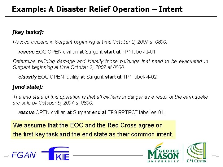 Example: A Disaster Relief Operation – Intent [key tasks]: Rescue civilians in Surgant beginning