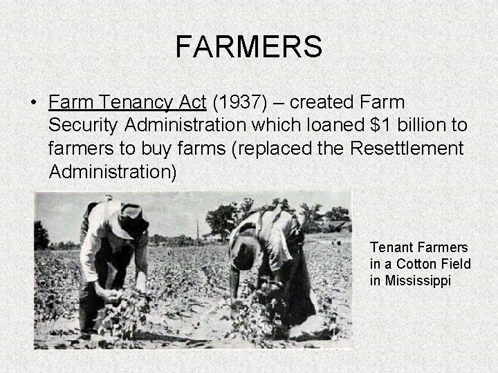 FARMERS • Farm Tenancy Act (1937) – created Farm Security Administration which loaned $1