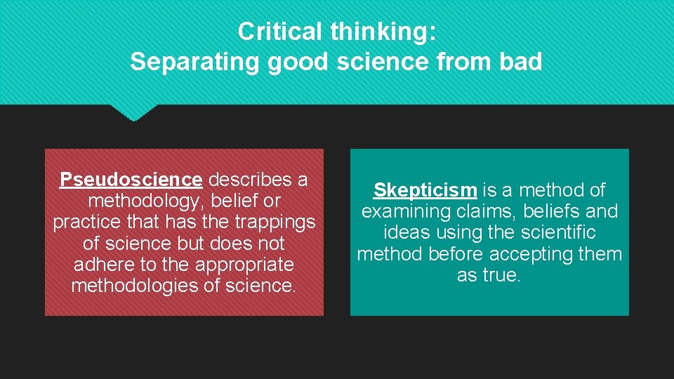 Critical thinking: Separating good science from bad Pseudoscience describes a methodology, belief or practice
