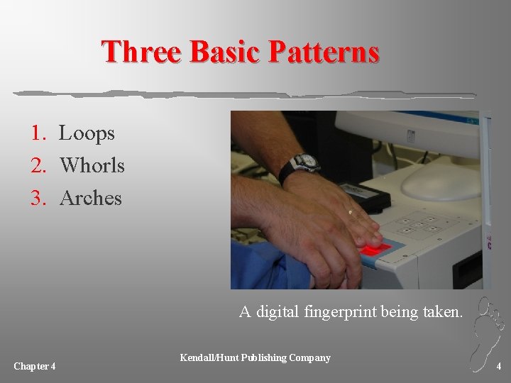 Three Basic Patterns 1. Loops 2. Whorls 3. Arches A digital fingerprint being taken.