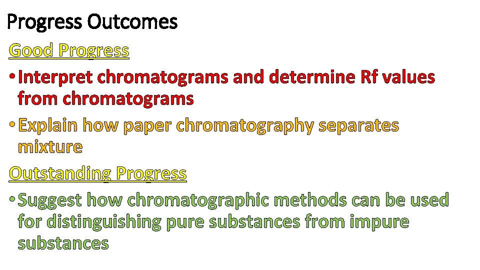 Progress Outcomes Good Progress • Interpret chromatograms and determine Rf values from chromatograms •