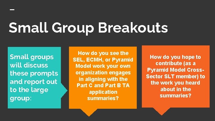 Small Group Breakouts Small groups will discuss these prompts and report out to the