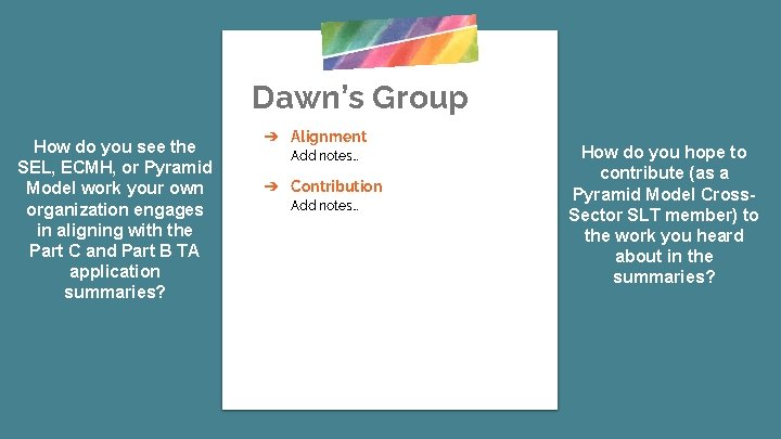 Dawn’s Group How do you see the SEL, ECMH, or Pyramid Model work your