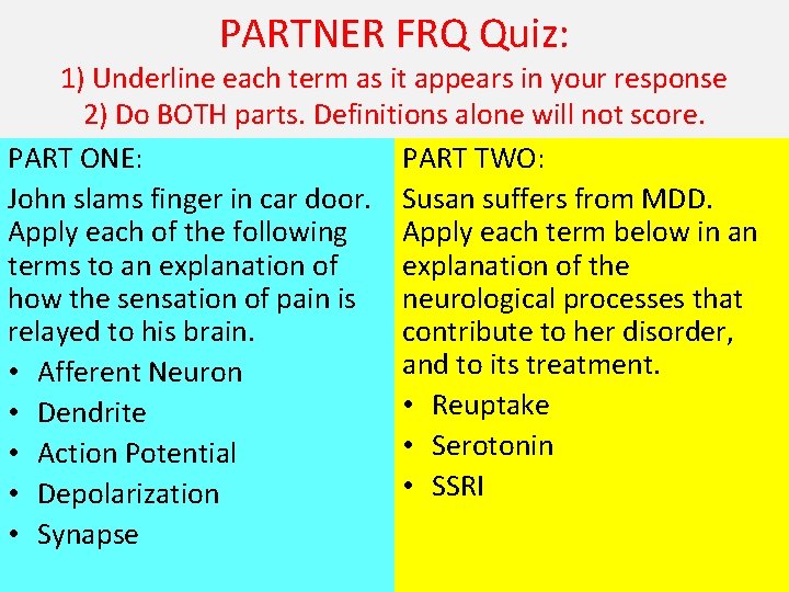 PARTNER FRQ Quiz: 1) Underline each term as it appears in your response 2)