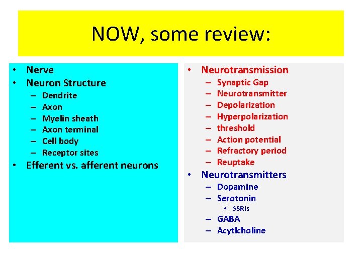 NOW, some review: • Nerve • Neuron Structure – – – Dendrite Axon Myelin