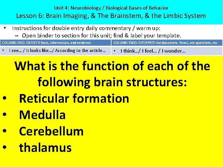 Unit 4: Neurobiology / Biological Bases of Behavior Lesson 6: Brain Imaging, & The