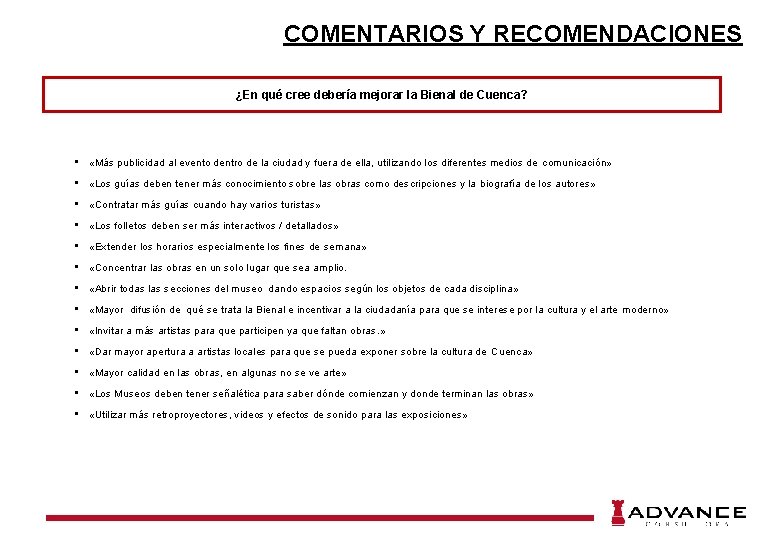 COMENTARIOS Y RECOMENDACIONES ¿En qué cree debería mejorar la Bienal de Cuenca? • «Más