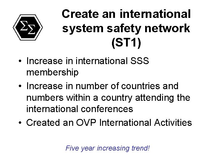 Create an international system safety network (ST 1) • Increase in international SSS membership