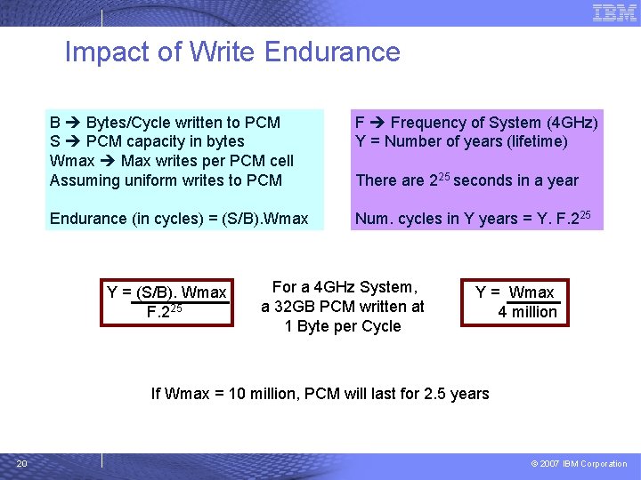 Impact of Write Endurance B Bytes/Cycle written to PCM S PCM capacity in bytes