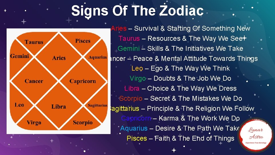 Signs Of The Zodiac Aries – Survival & Starting Of Something New Taurus –