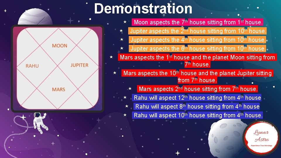 Demonstration ⋆ Moon aspects the 7 th house sitting from 1 st house. ⋆