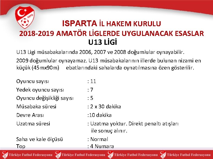 ISPARTA İL HAKEM KURULU 2018 -2019 AMATÖR LİGLERDE UYGULANACAK ESASLAR U 13 LİGİ U