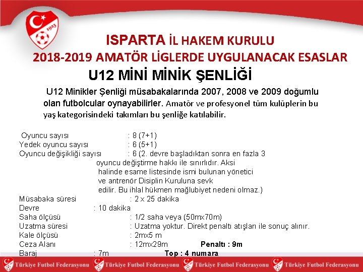 ISPARTA İL HAKEM KURULU 2018 -2019 AMATÖR LİGLERDE UYGULANACAK ESASLAR U 12 MİNİK ŞENLİĞİ