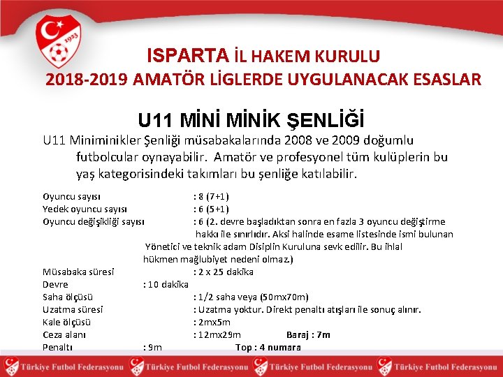 ISPARTA İL HAKEM KURULU 2018 -2019 AMATÖR LİGLERDE UYGULANACAK ESASLAR U 11 MİNİK ŞENLİĞİ