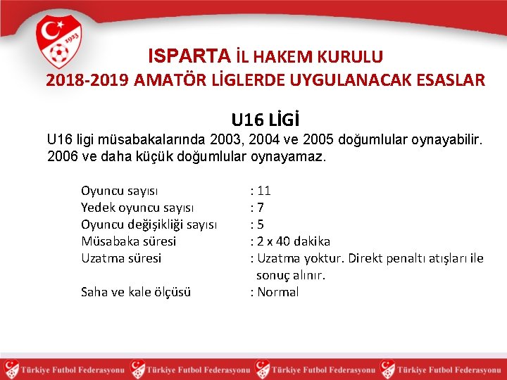 ISPARTA İL HAKEM KURULU 2018 -2019 AMATÖR LİGLERDE UYGULANACAK ESASLAR U 16 LİGİ U