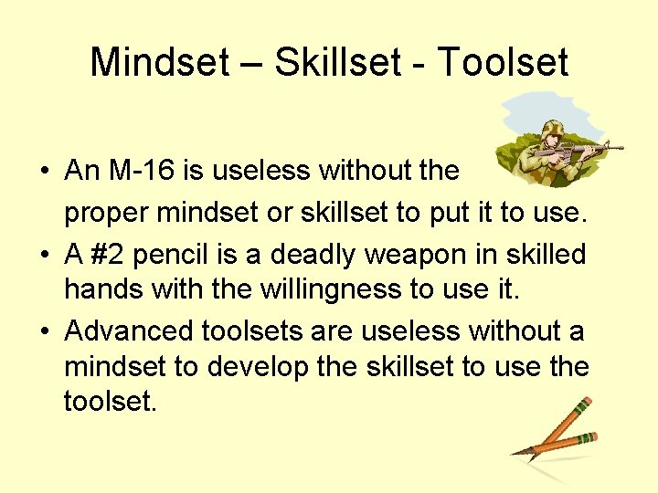 Mindset – Skillset - Toolset • An M-16 is useless without the proper mindset
