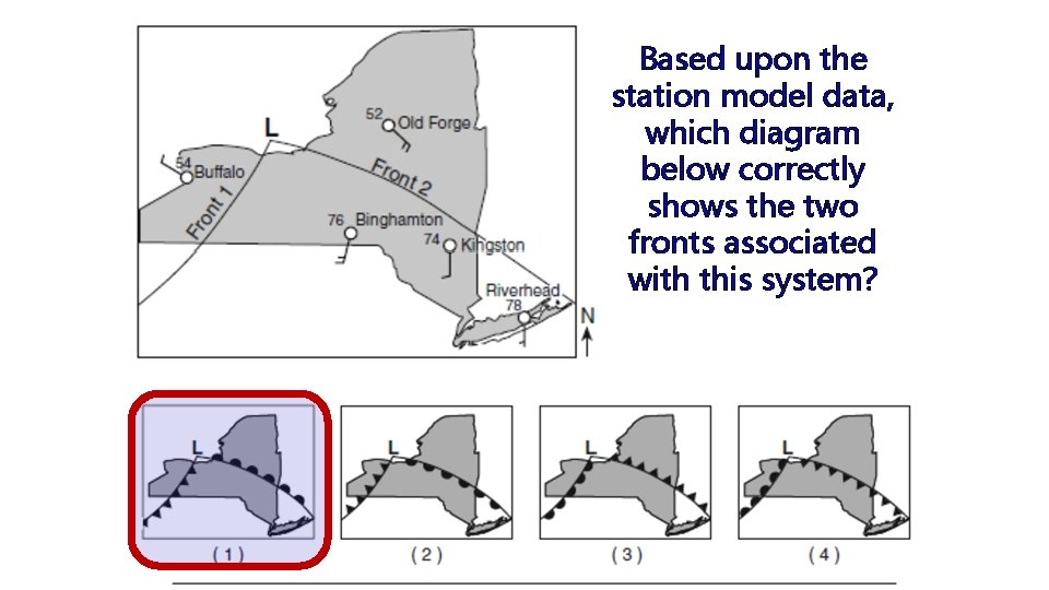 Based upon the station model data, which diagram below correctly shows the two fronts
