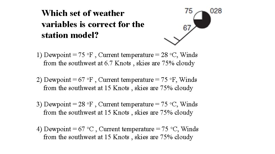 Which set of weather variables is correct for the station model? 1) Dewpoint =