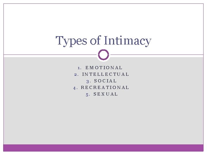 Types of Intimacy 1. EMOTIONAL 2. INTELLECTUAL 3. SOCIAL 4. RECREATIONAL 5. SEXUAL 
