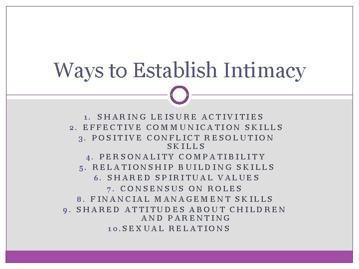 Ways to Establish Intimacy 1. SHARING LEISURE ACTIVITIES 2. EFFECTIVE COMMUNICATION SKILLS 3. POSITIVE