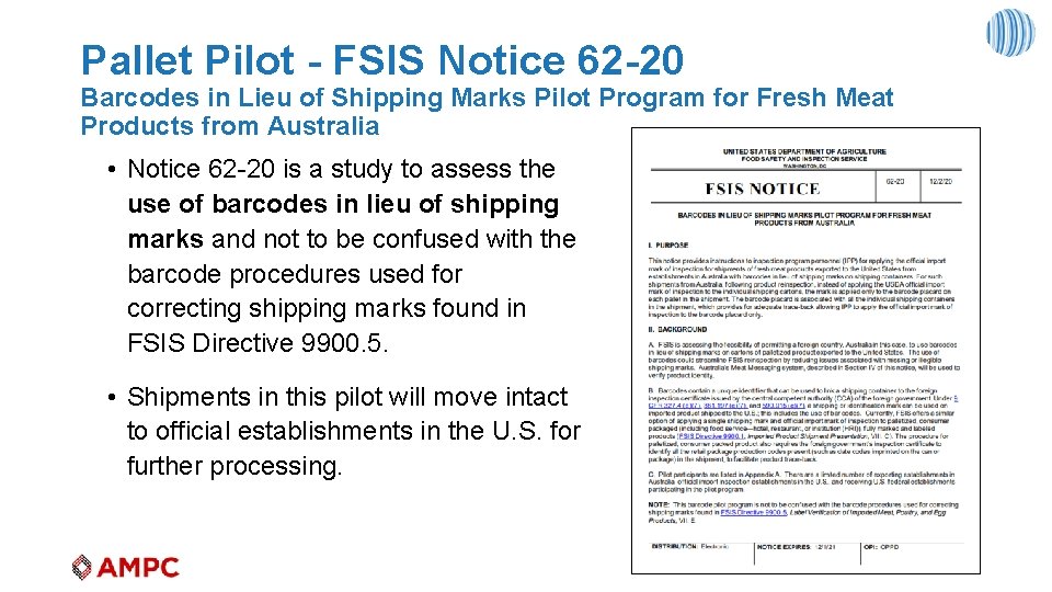 Pallet Pilot - FSIS Notice 62 -20 Barcodes in Lieu of Shipping Marks Pilot
