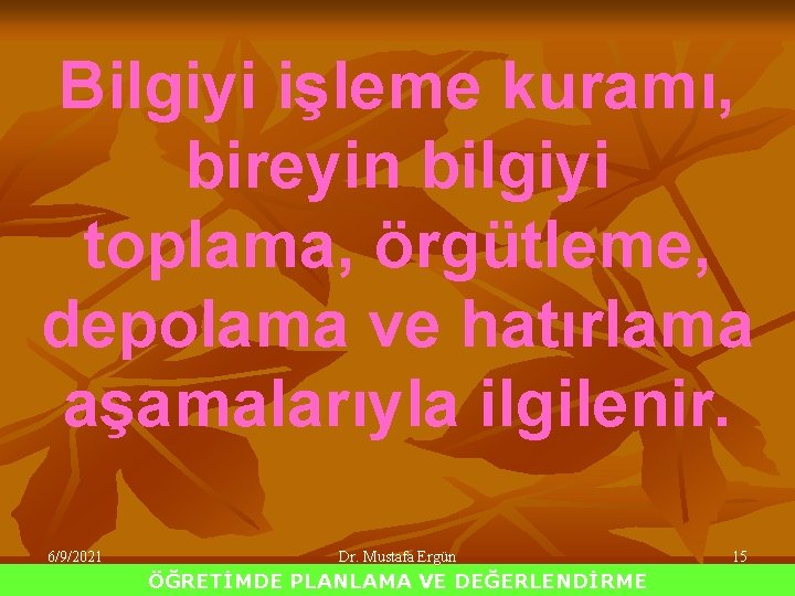 Bilgiyi işleme kuramı, bireyin bilgiyi toplama, örgütleme, depolama ve hatırlama aşamalarıyla ilgilenir. 6/9/2021 Dr.