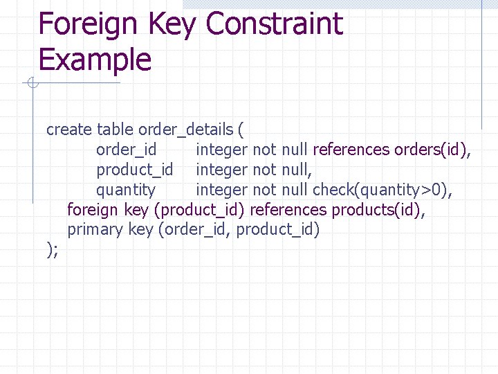 Foreign Key Constraint Example create table order_details ( order_id integer not null references orders(id), Foreign Key Constraint Example create table order_details ( order_id integer not null references orders(id),