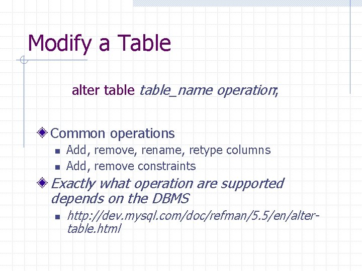 Modify a Table alter table_name operation; Common operations n n Add, remove, rename, retype Modify a Table alter table_name operation; Common operations n n Add, remove, rename, retype