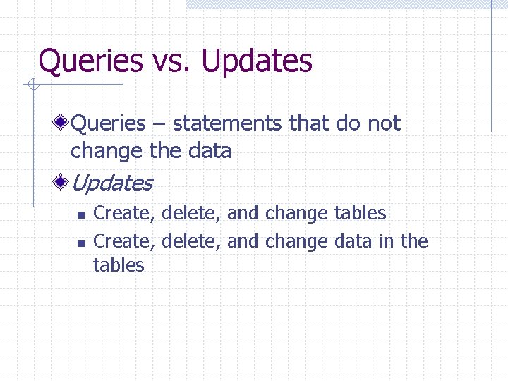 Queries vs. Updates Queries – statements that do not change the data Updates n Queries vs. Updates Queries – statements that do not change the data Updates n
