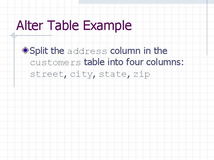 Alter Table Example Split the address column in the customers table into four columns: Alter Table Example Split the address column in the customers table into four columns: